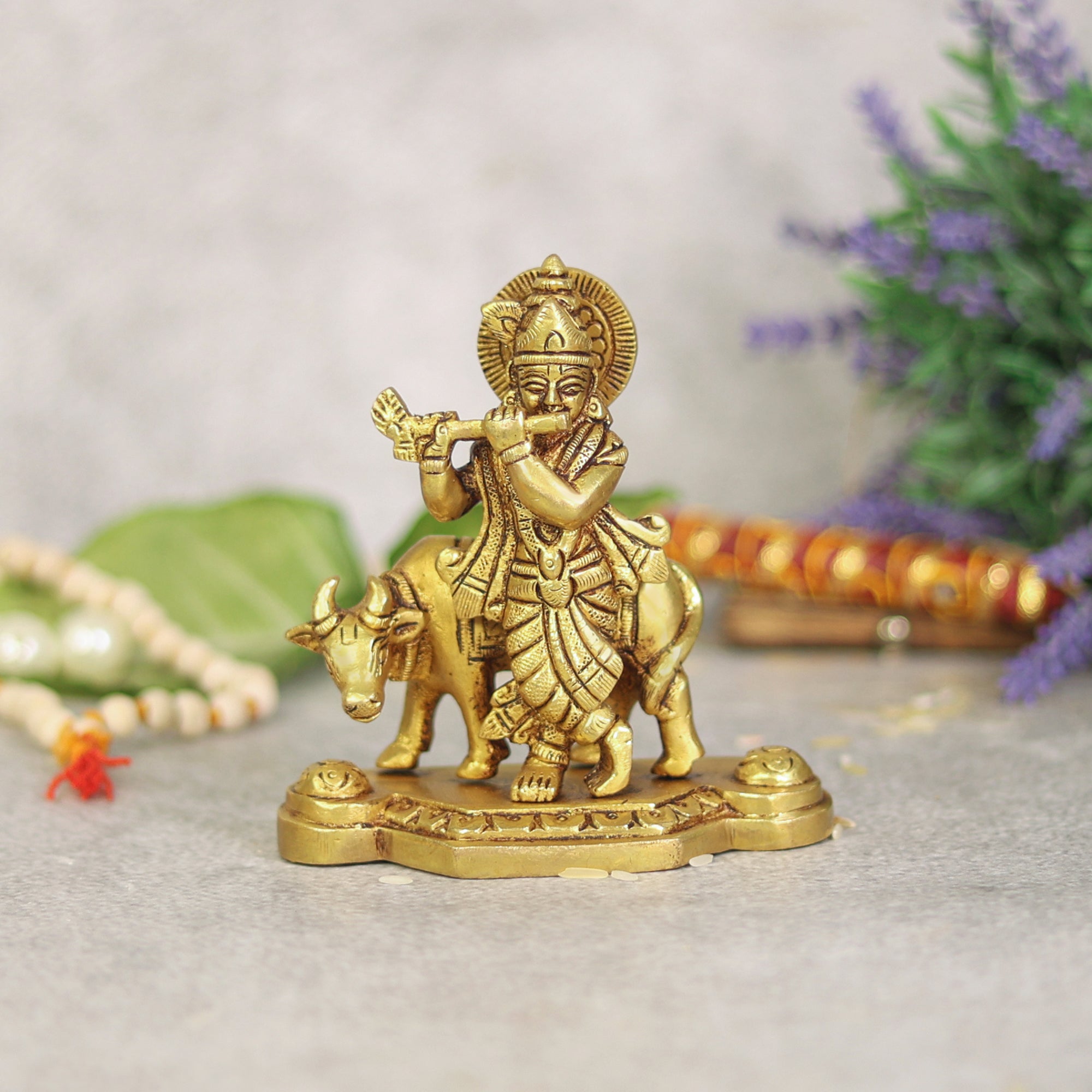 Brass Lord Krishna with a Cow Statue