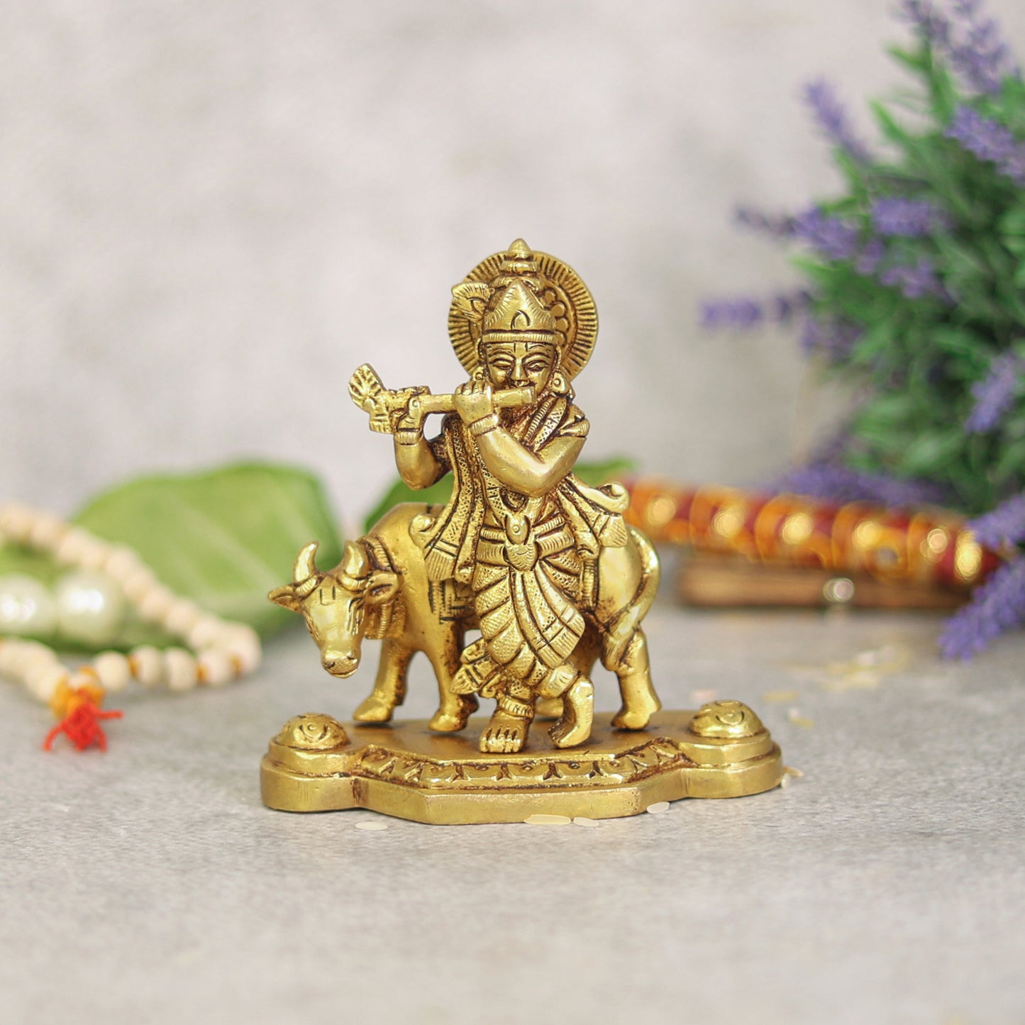 Brass Lord Krishna with a Cow Statue