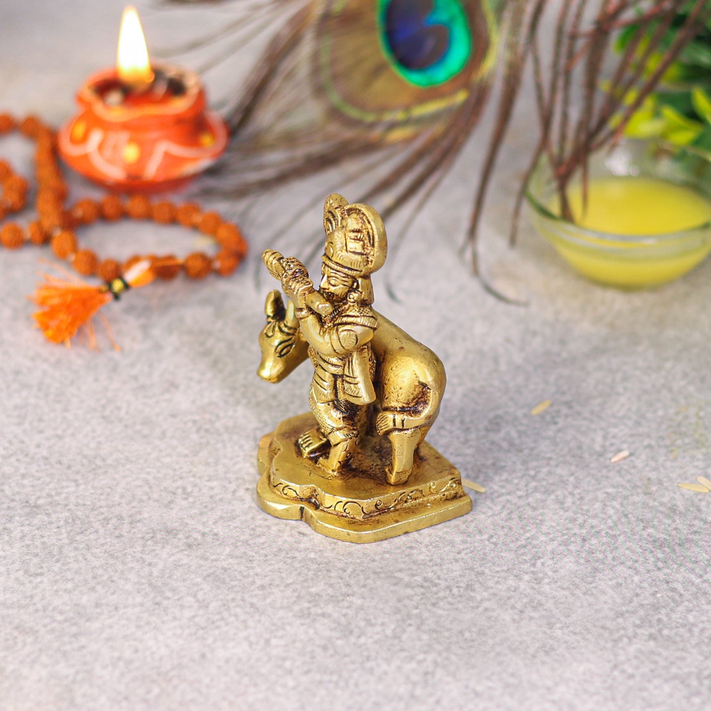 brass krishna with cow statue 