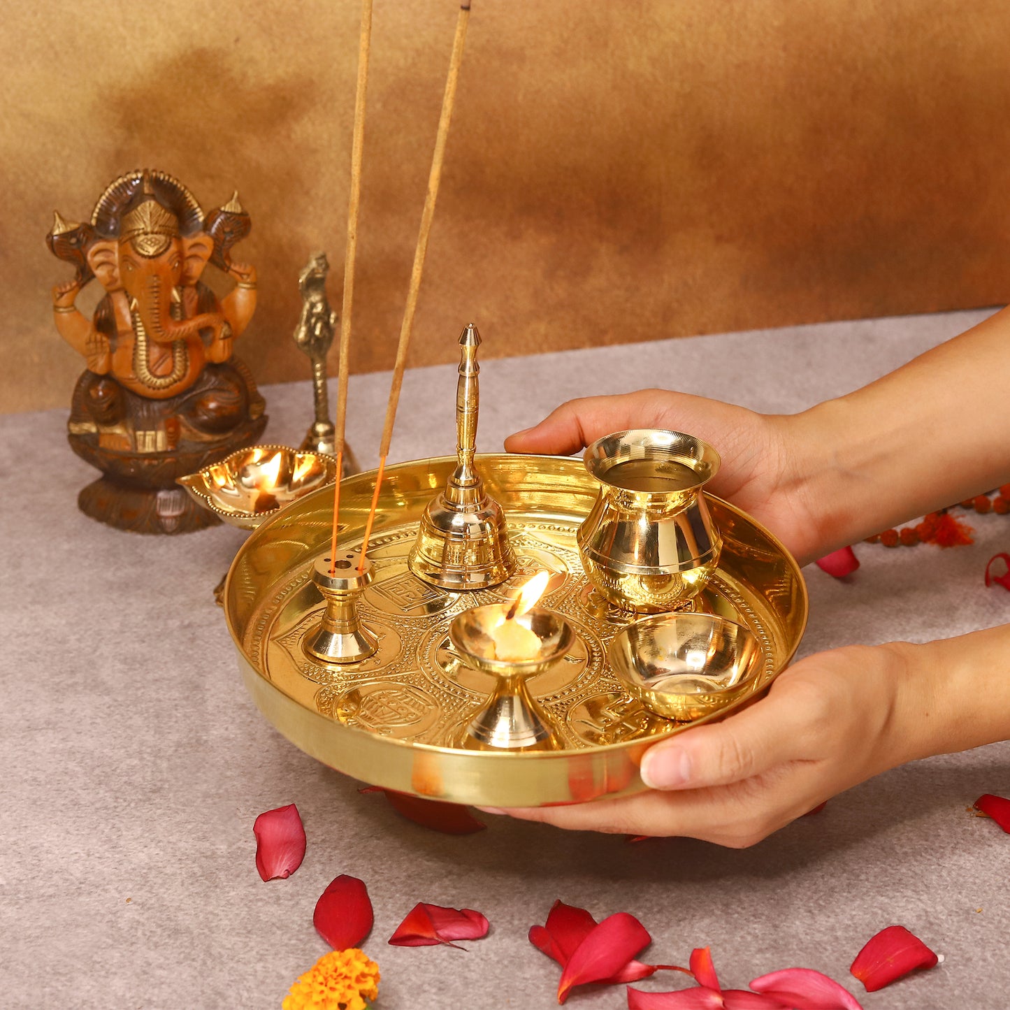 brass pooja plate set